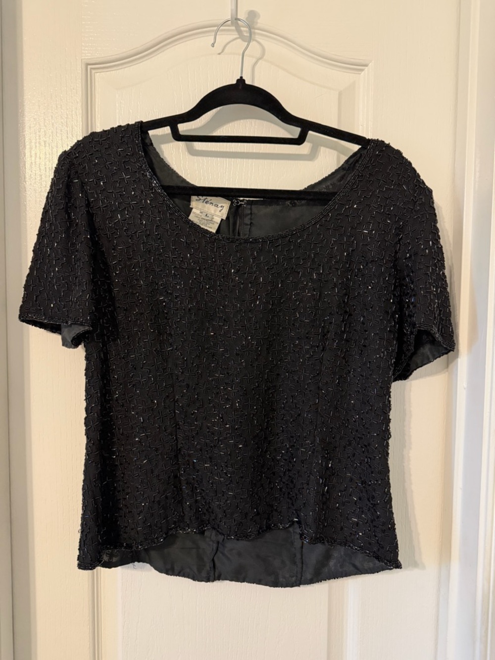Vintage Stenay Beaded Black Silk Short Sleeve Top Sz L